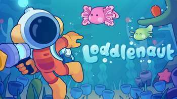 Loddlenaut key art showcasing logo, protagonist in diving suit armed with a bubble gun, and a colourful underwater scene with lots of loddle creatures.